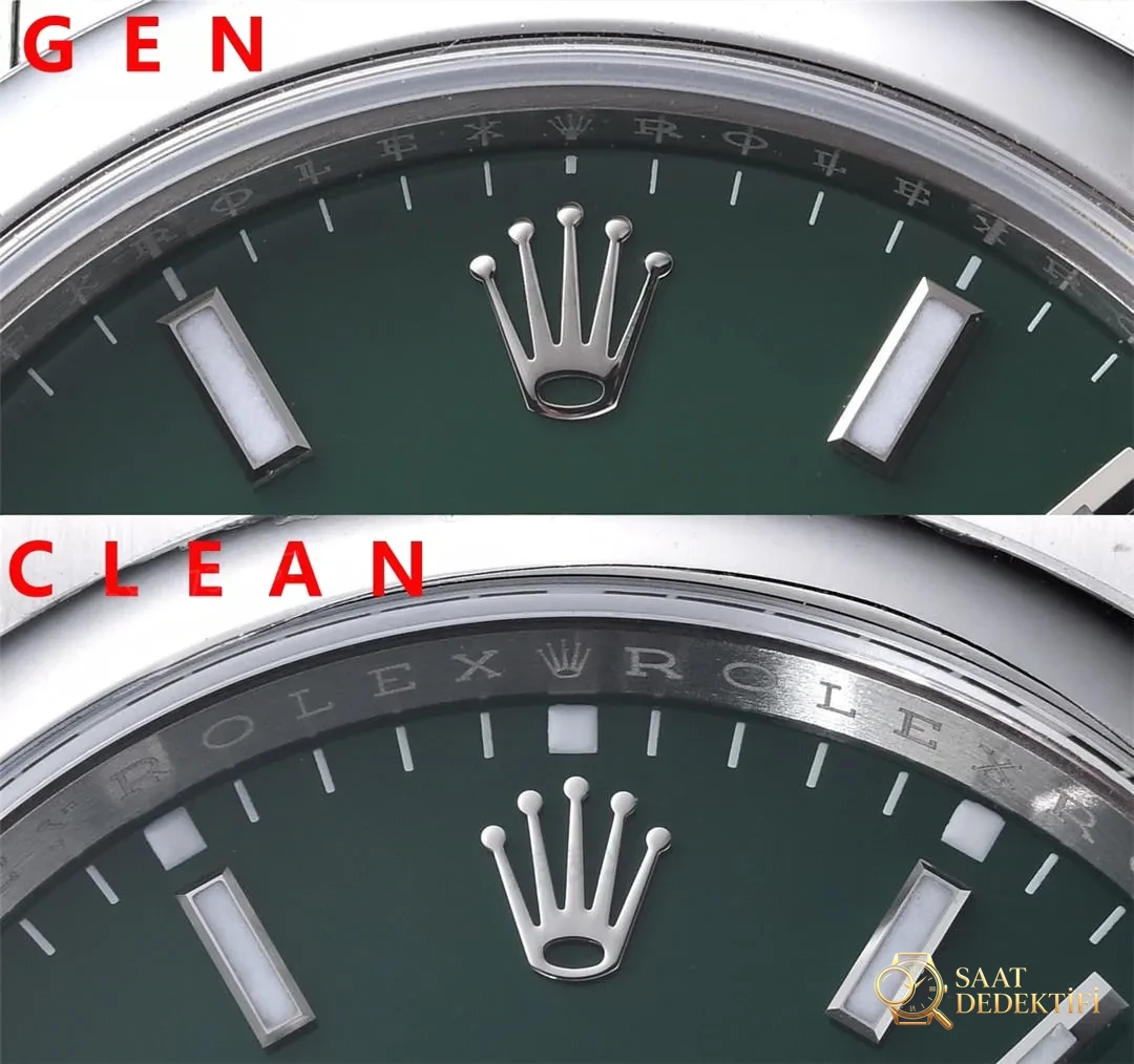 Gerçek-replika karşılaştırması: Clean Rolex Oyster Perpetual yeşil kadranda renk farkı olur mu? - Kasa Profili ve Kurma Kolu İncelemesi