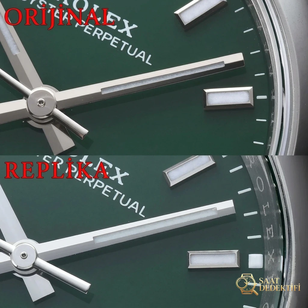 Gerçek-replika karşılaştırması: Clean Rolex Oyster Perpetual yeşil kadranda renk farkı olur mu? - Fosfor ve Super-LumiNova Gece Görünümü