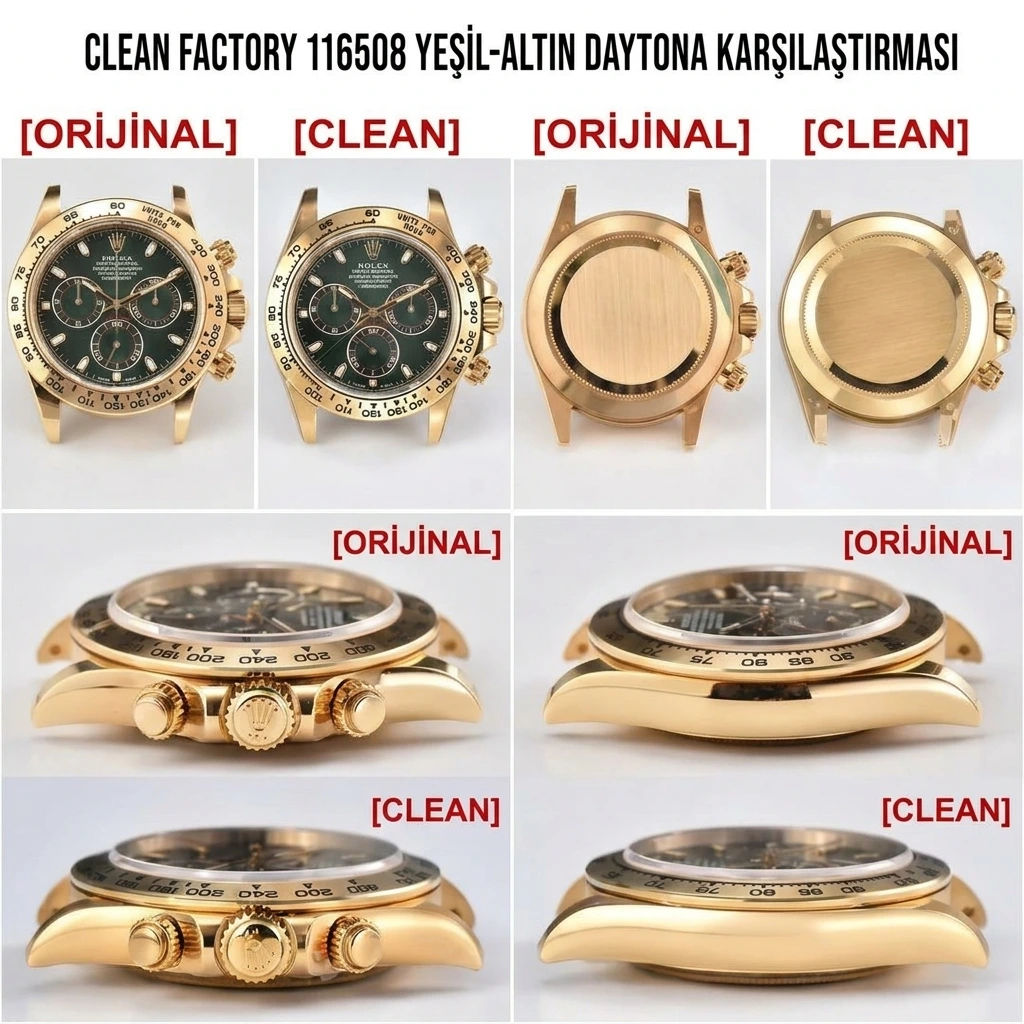 Gerçek-replika karşılaştırması: Clean Rolex yeşil-altın Daytona - Kadran Detayı ve Bezel İşçiliği
