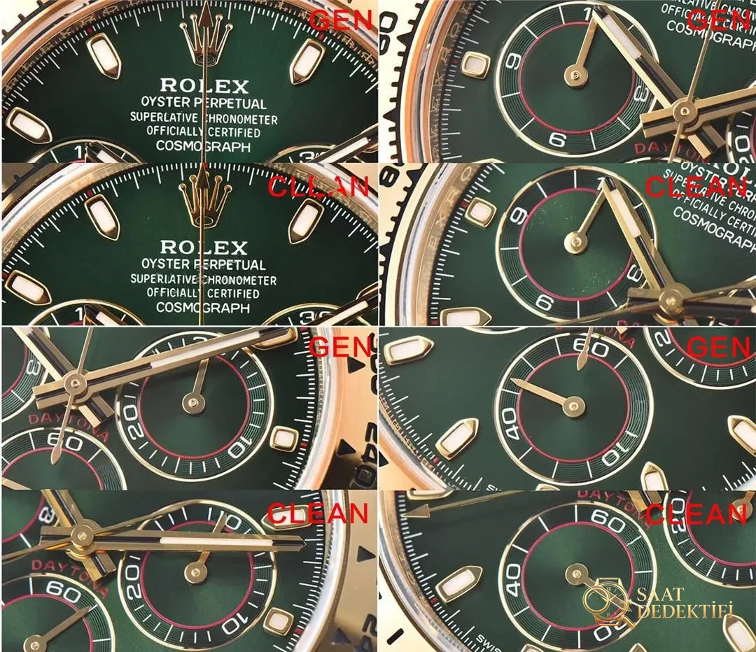 Gerçek-replika karşılaştırması: Clean Rolex yeşil-altın Daytona - Arka Kapak ve Mekanizma Detayı