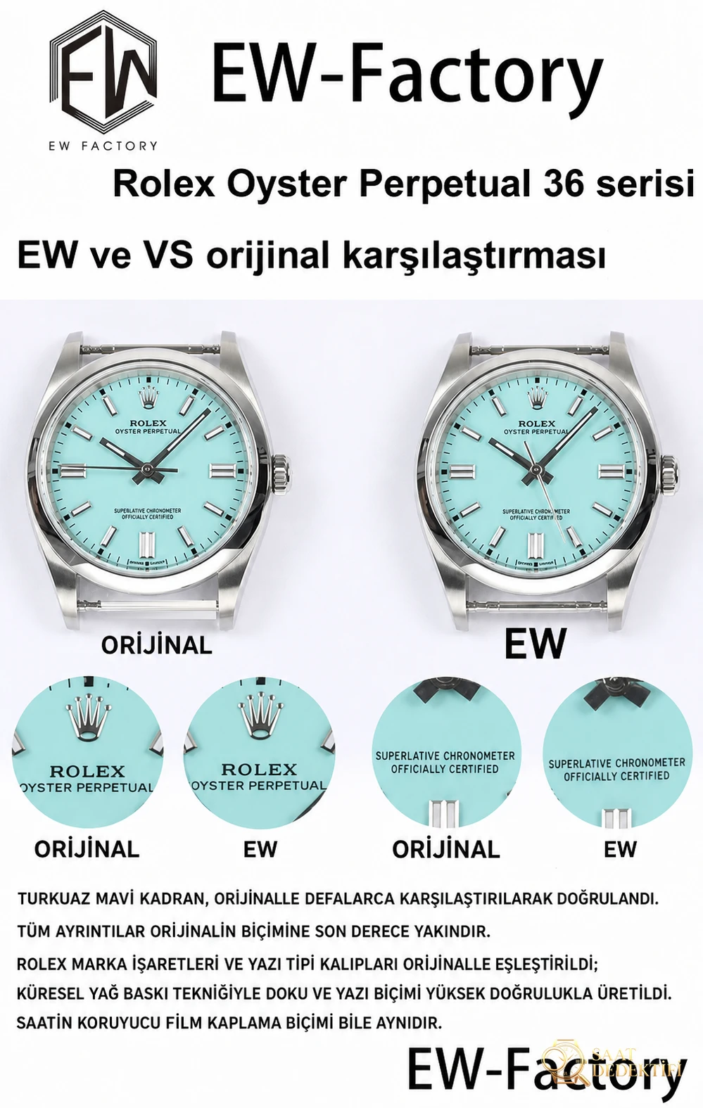 Gerçek-replika karşılaştırması: EW Factory Rolex Oyster Perpetual 36 MM replika saat incelemesi - Kasa Çeliği ve Polisaj Kalitesi