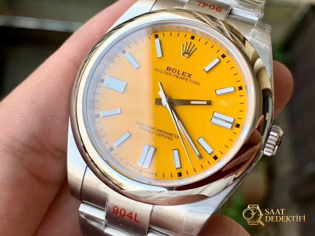 Gerçek-replika karşılaştırması: EW Factory Rolex Oyster Perpetual 41 mm replika saat ilk bakışta sahte - Makro Kadran ve İndeks İşçiliği