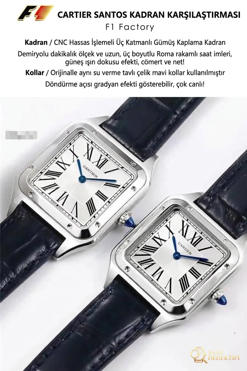 Real-replica comparison: F1 Factory Cartier Santos-Dumont replica watch - Dial Detail and Bezel Workmanship
