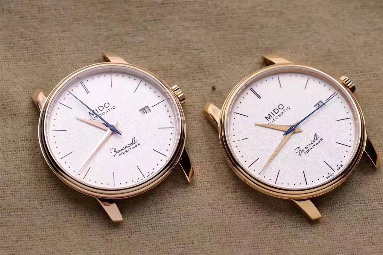 Gerçek-replika karşılaştırması: FK Factory Mido Baroncelli serisi M027.407 rose gold replika saat incelemesi, işçiliği nasıl? — 4. fotoğraf