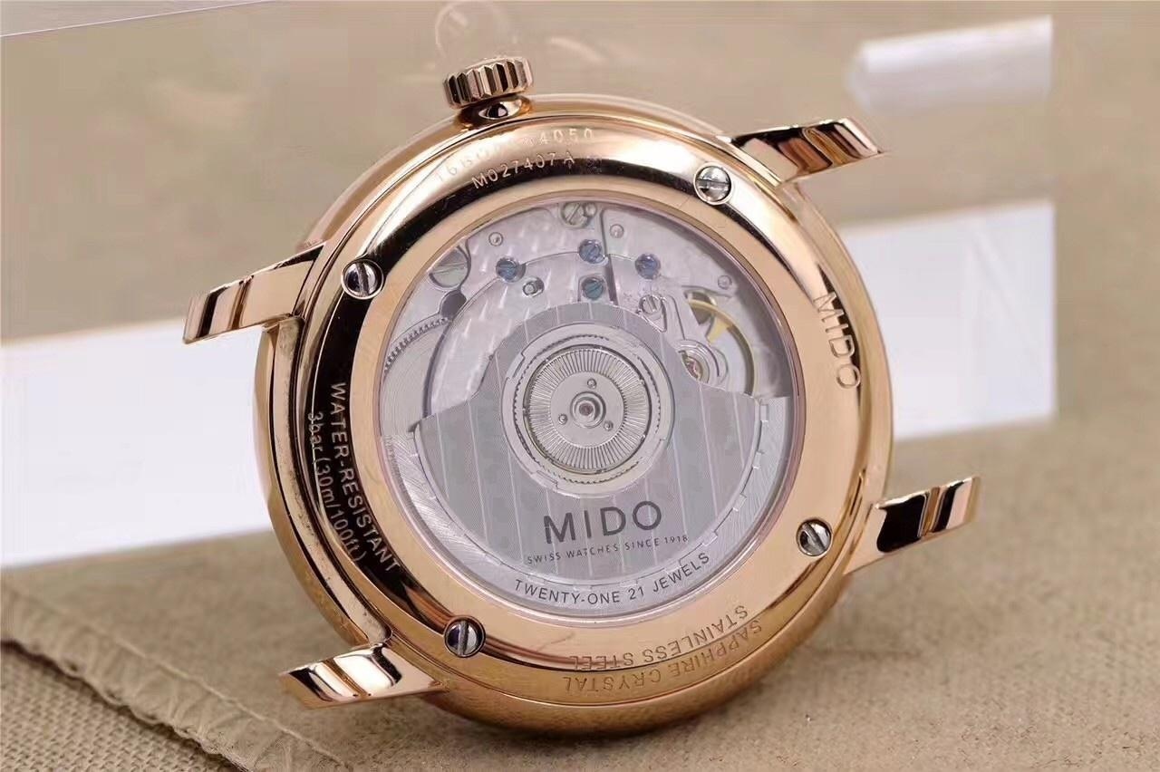 Gerçek-replika karşılaştırması: FK Factory Mido Baroncelli serisi M027.407 rose gold replika saat incelemesi, işçiliği nasıl? — 8. fotoğraf