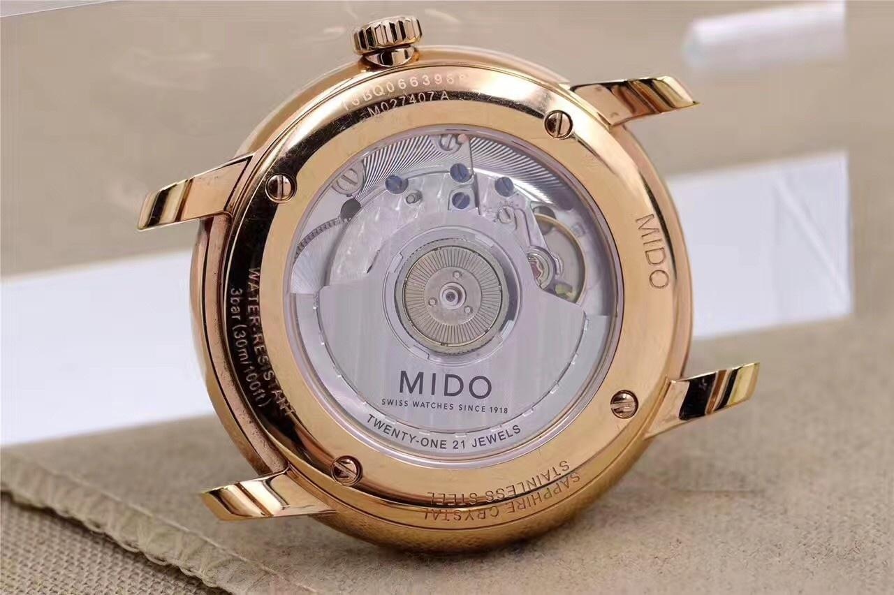Gerçek-replika karşılaştırması: FK Factory Mido Baroncelli serisi M027.407 rose gold replika saat incelemesi, işçiliği nasıl? — 9. fotoğraf