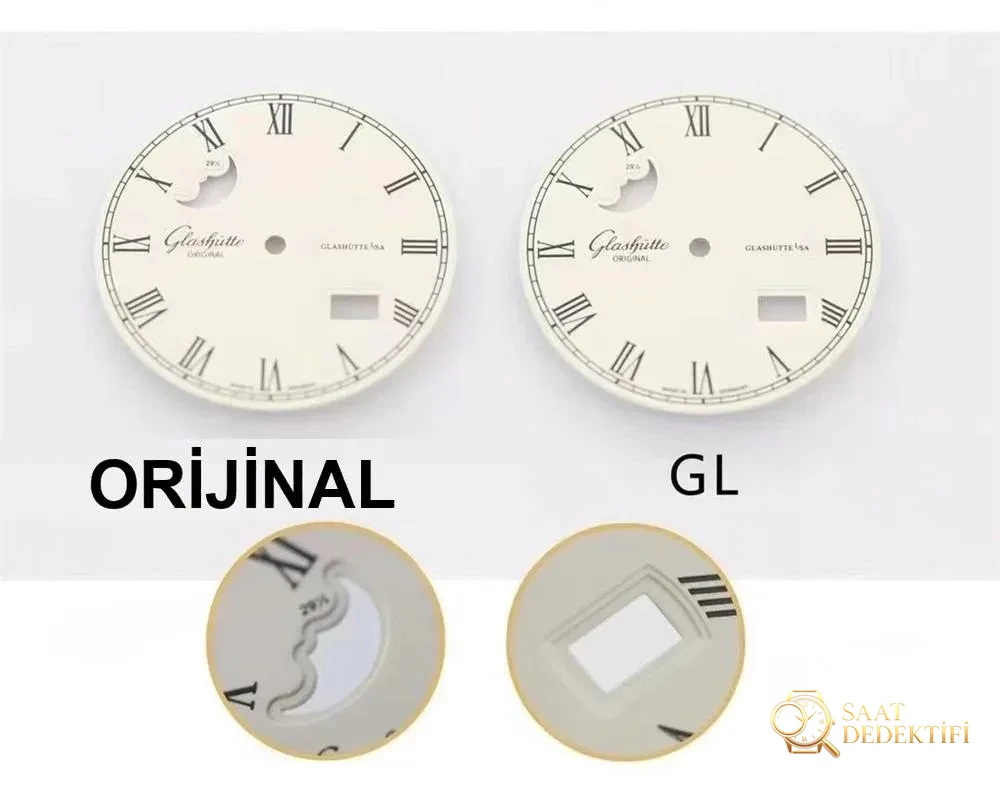 Gerçek-Replika Karşılaştırması: GL Factory Glashütte Senator Büyük Tarih Gerçek Ay Evreli Replika Saat - Arka Kapak ve Mekanizma Detayı