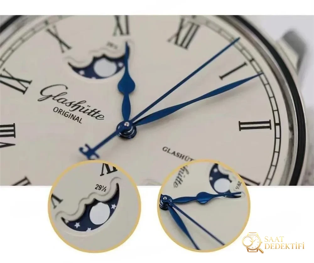 Gerçek-Replika Karşılaştırması: GL Factory Glashütte Senator Büyük Tarih Gerçek Ay Evreli Replika Saat - Bilezik, Toka ve Klips Mekanizması