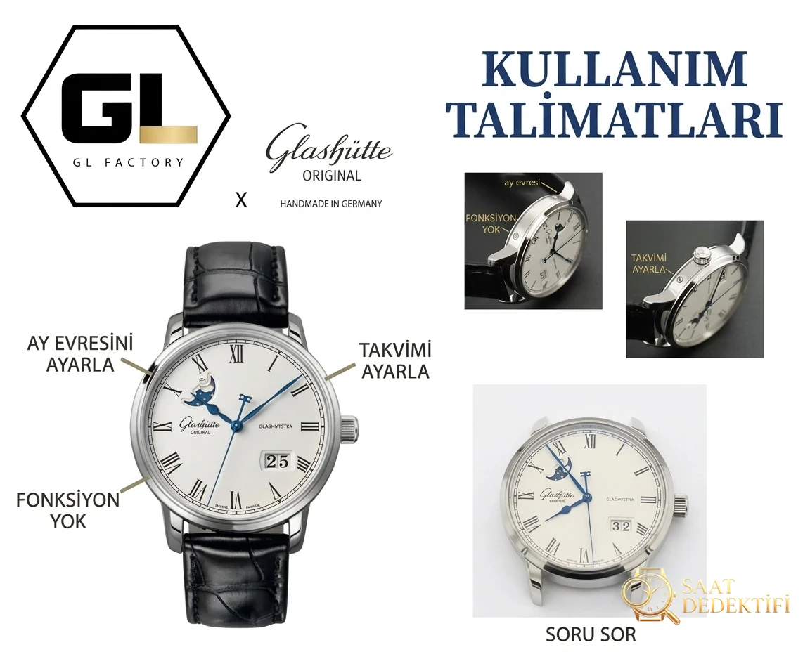 Gerçek-Replika Karşılaştırması: GL Factory Glashütte Senator Büyük Tarih Gerçek Ay Evreli Replika Saat - Mekanizma Zemberek ve Balans Detayı