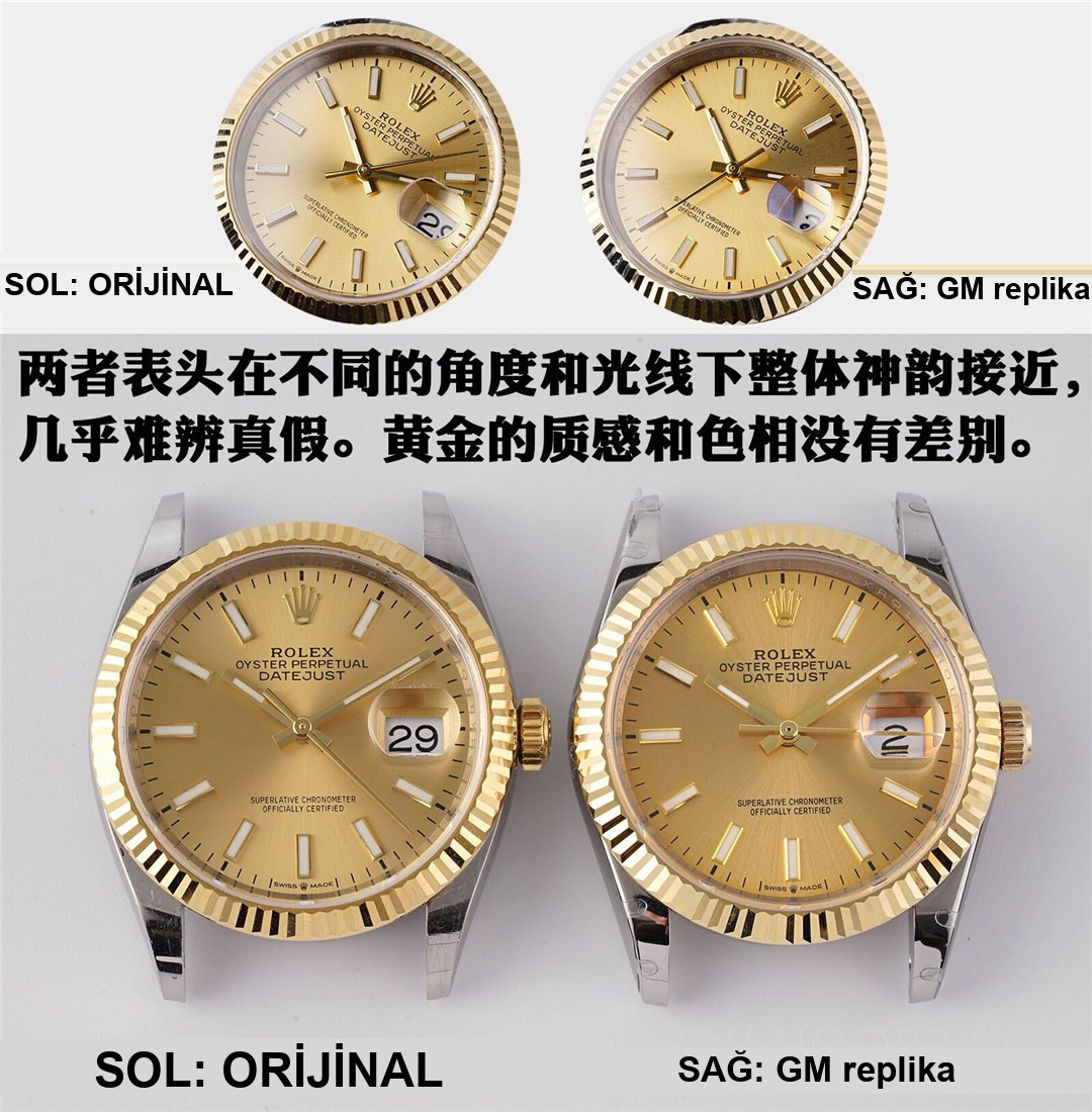 Gerçek-replika karşılaştırması: GM Factory Rolex Datejust 36 mm beş sıralı bilezik, 3235 tek parça mekanizma V3 versiyon, altın kaplama seri orijinal ile inceleme — 2. fotoğraf