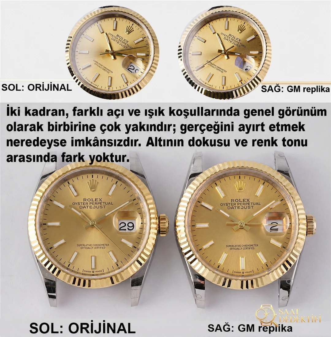 Gerçek-replika karşılaştırması: GM Factory Rolex Datejust 36 mm beş sıralı bilezik, 3235 tek parça mekanizma V3 versiyon, altın kaplama seri orijinal ile inceleme - Kadran Detayı ve Bezel İşçiliği