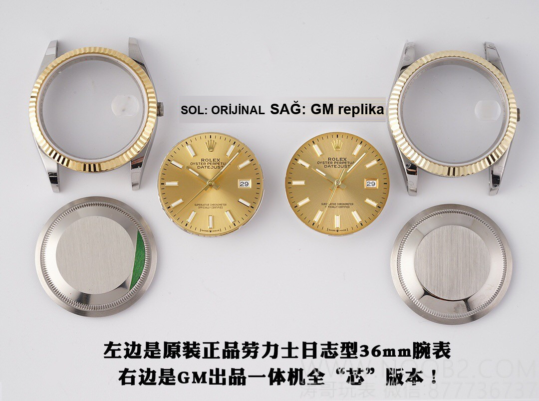 Gerçek-replika karşılaştırması: GM Factory Rolex Datejust 36 mm beş sıralı bilezik, 3235 tek parça mekanizma V3 versiyon, altın kaplama seri orijinal ile inceleme — 3. fotoğraf