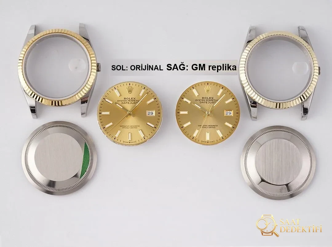 Gerçek-replika karşılaştırması: GM Factory Rolex Datejust 36 mm beş sıralı bilezik, 3235 tek parça mekanizma V3 versiyon, altın kaplama seri orijinal ile inceleme - Kasa Profili ve Kurma Kolu İncelemesi