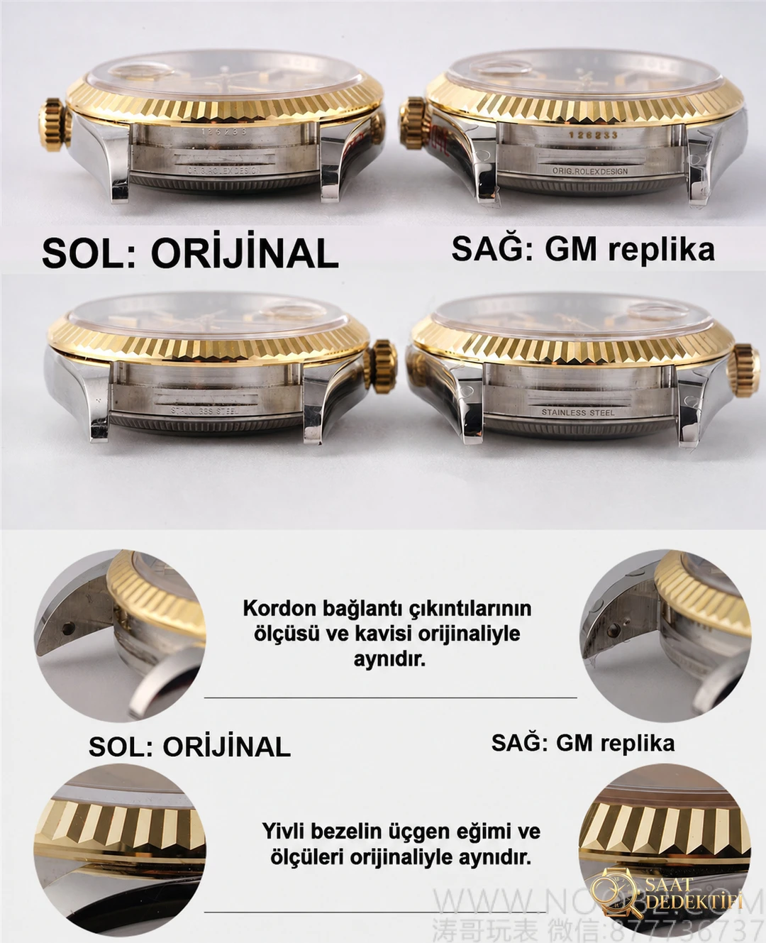 Gerçek-replika karşılaştırması: GM Factory Rolex Datejust 36 mm beş sıralı bilezik, 3235 tek parça mekanizma V3 versiyon, altın kaplama seri orijinal ile inceleme - Arka Kapak ve Mekanizma Detayı