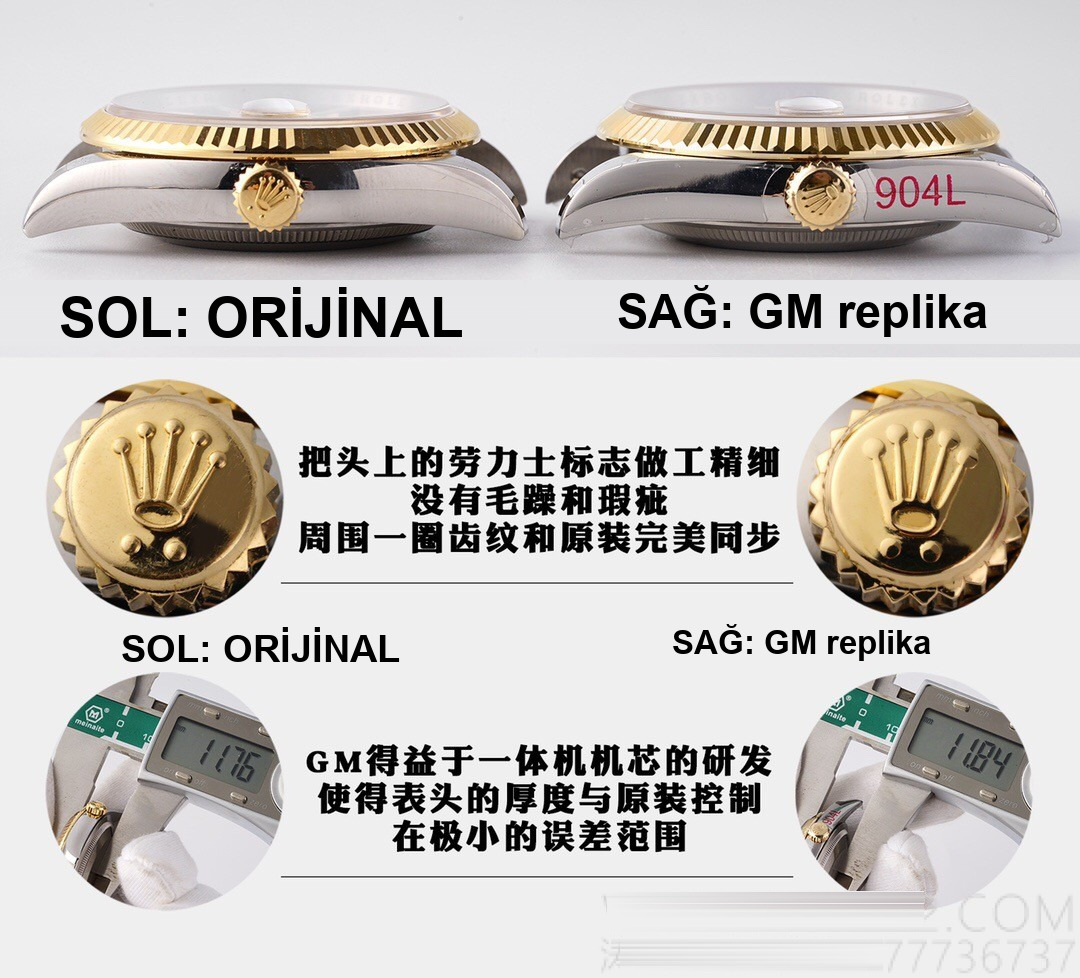 Gerçek-replika karşılaştırması: GM Factory Rolex Datejust 36 mm beş sıralı bilezik, 3235 tek parça mekanizma V3 versiyon, altın kaplama seri orijinal ile inceleme — 5. fotoğraf