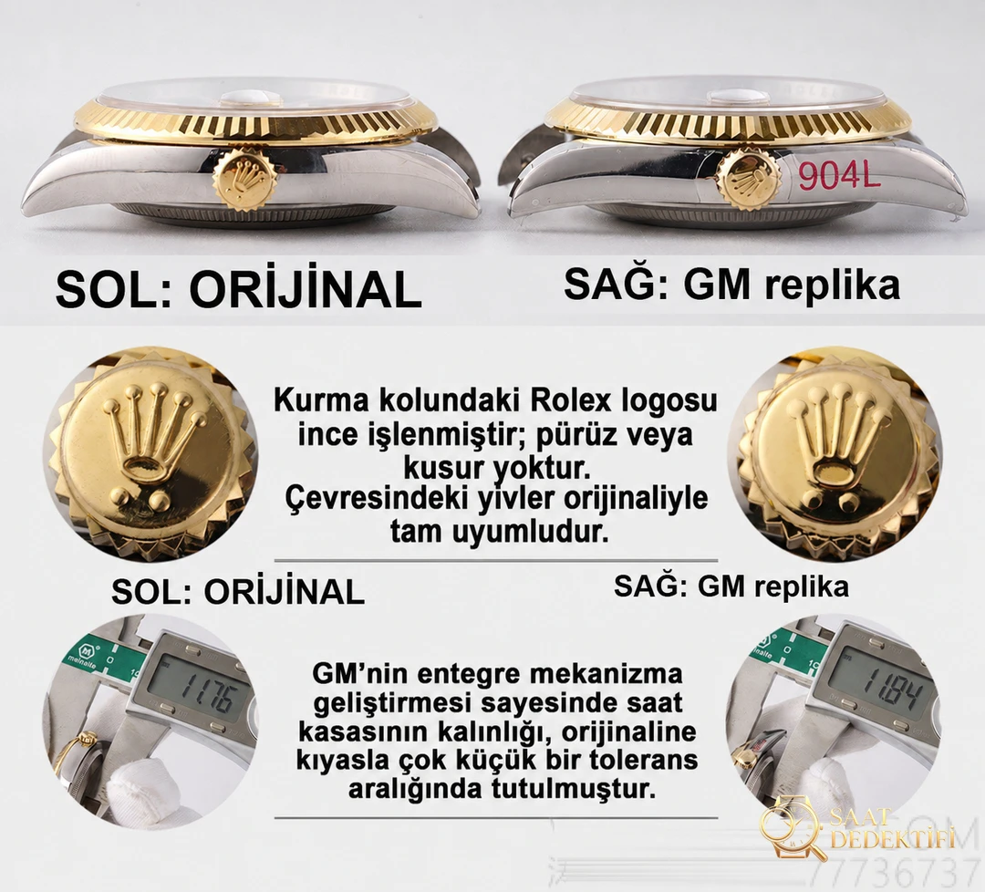 Gerçek-replika karşılaştırması: GM Factory Rolex Datejust 36 mm beş sıralı bilezik, 3235 tek parça mekanizma V3 versiyon, altın kaplama seri orijinal ile inceleme - Bilezik, Toka ve Klips Mekanizması