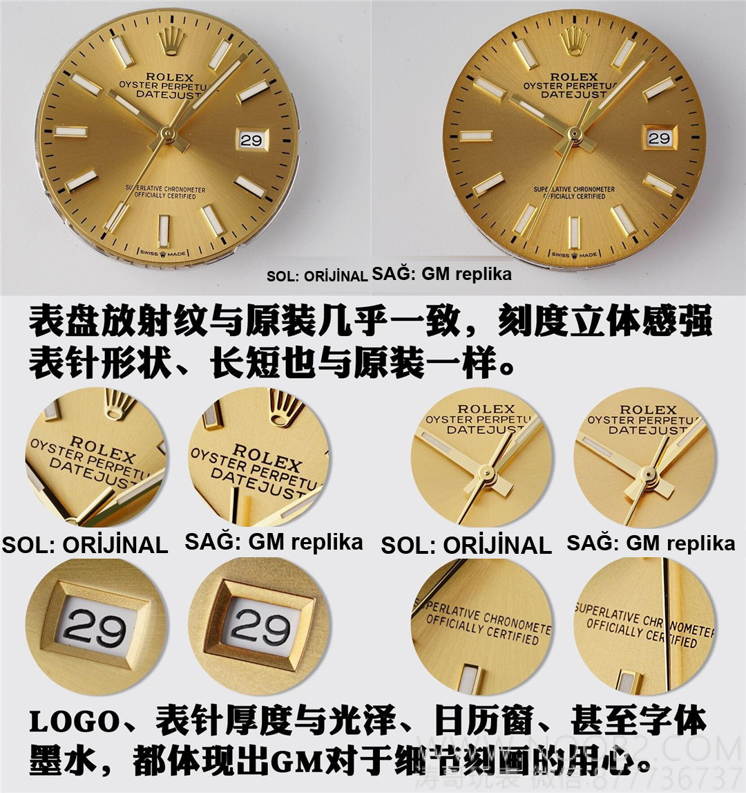 Gerçek-replika karşılaştırması: GM Factory Rolex Datejust 36 mm beş sıralı bilezik, 3235 tek parça mekanizma V3 versiyon, altın kaplama seri orijinal ile inceleme — 6. fotoğraf