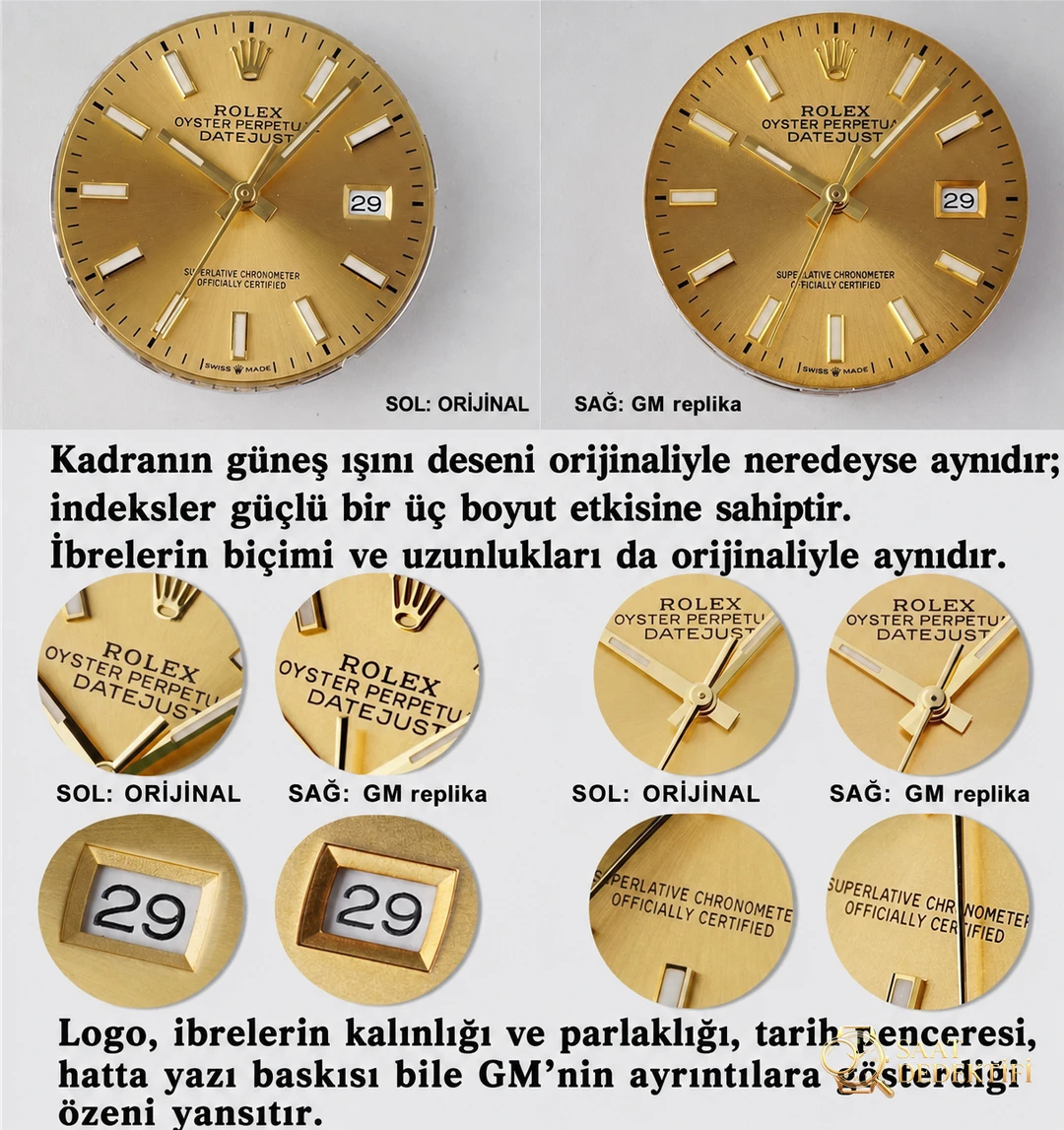 Gerçek-replika karşılaştırması: GM Factory Rolex Datejust 36 mm beş sıralı bilezik, 3235 tek parça mekanizma V3 versiyon, altın kaplama seri orijinal ile inceleme - Makro Kadran ve İndeks İşçiliği