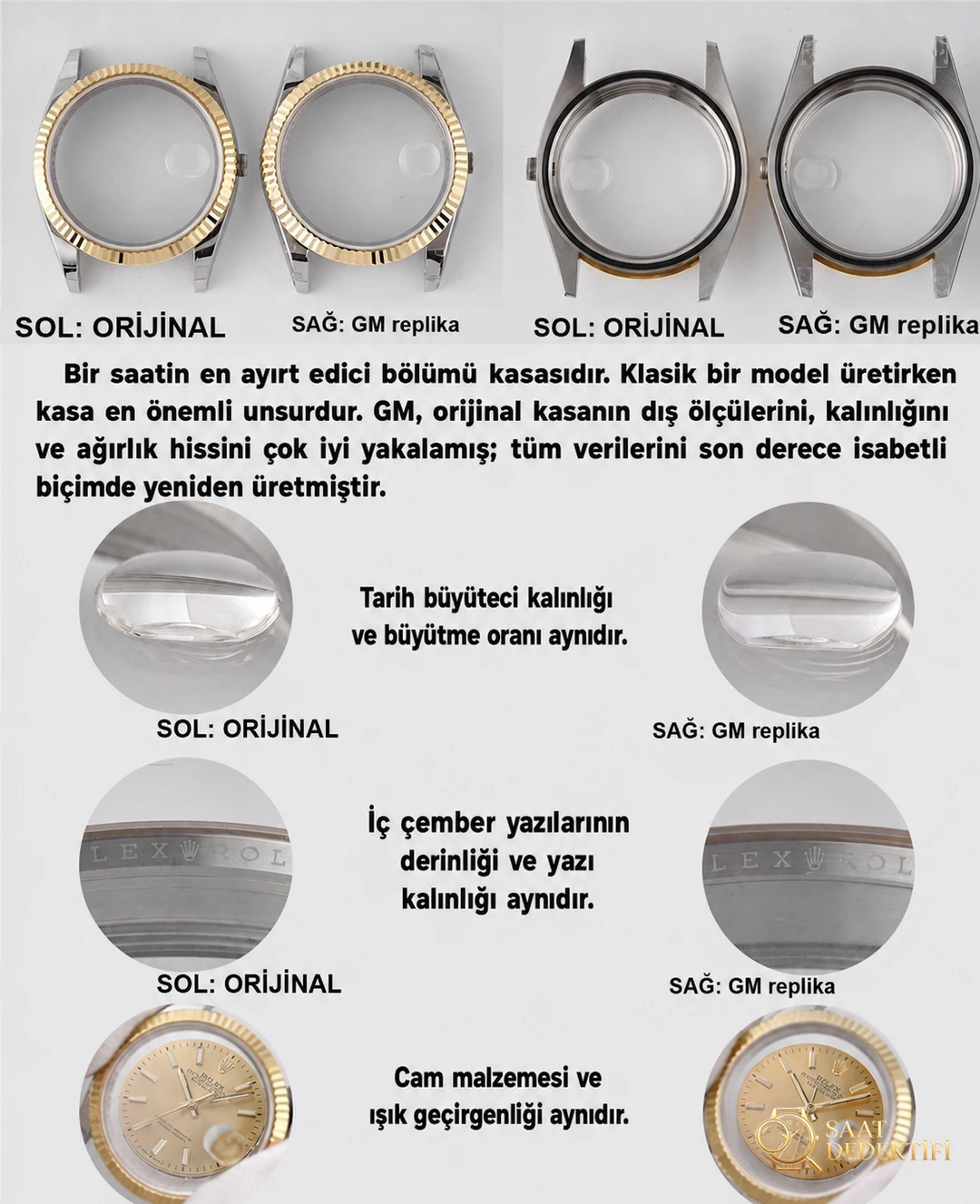Gerçek-replika karşılaştırması: GM Factory Rolex Datejust 36 mm beş sıralı bilezik, 3235 tek parça mekanizma V3 versiyon, altın kaplama seri orijinal ile inceleme - Klips Kilidi ve Lazer Damgalar