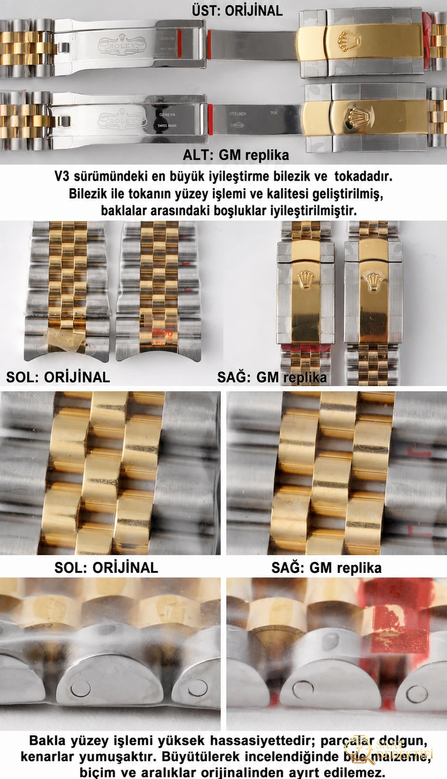 Gerçek-replika karşılaştırması: GM Factory Rolex Datejust 36 mm beş sıralı bilezik, 3235 tek parça mekanizma V3 versiyon, altın kaplama seri orijinal ile inceleme - Fosfor ve Super-LumiNova Gece Görünümü
