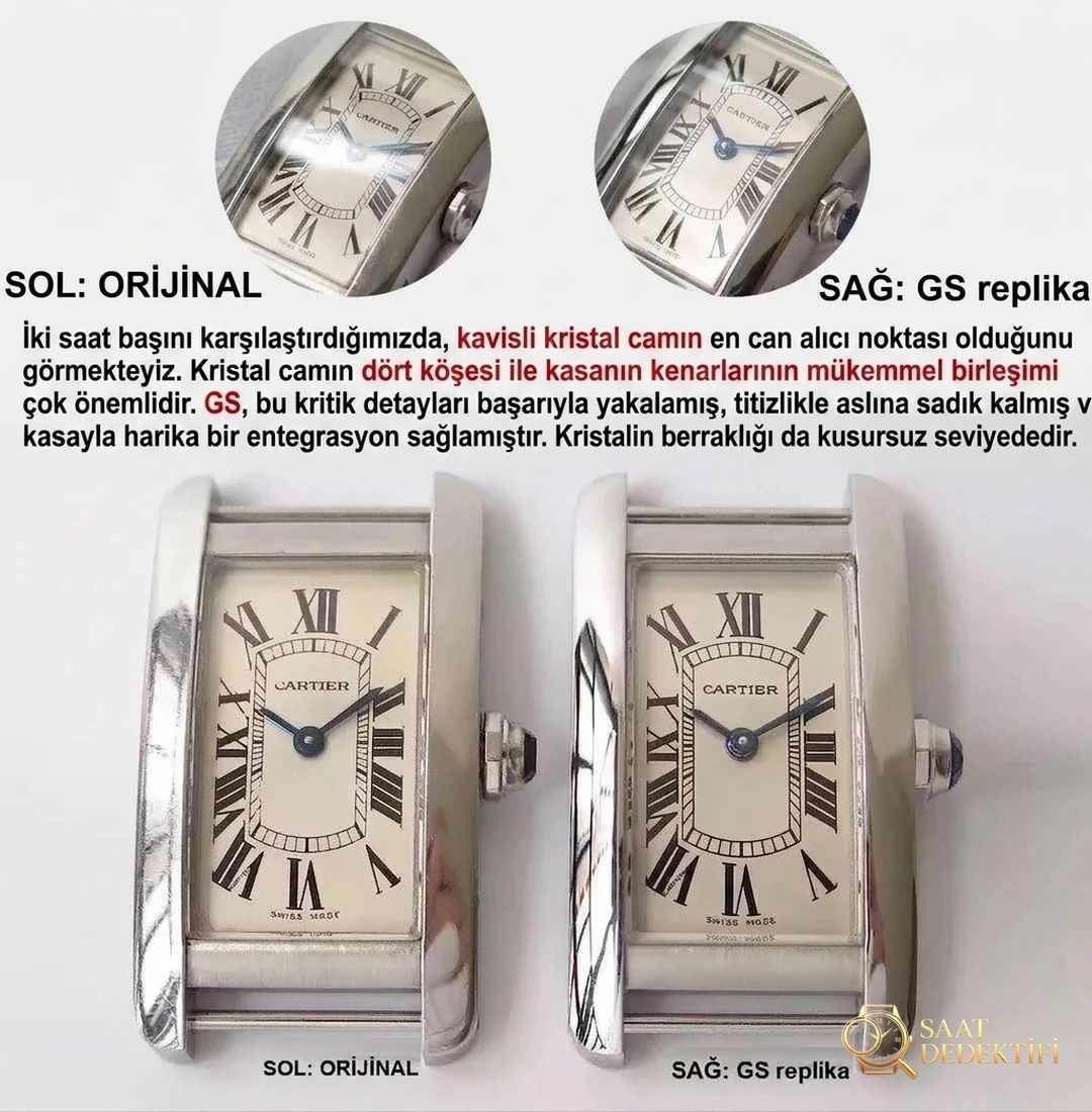 Gerçek-replika karşılaştırması: GS Factory Cartier Tank Americaine WSTA0016 kadın İsviçre kuvars mekanizmalı replika saat ile orijinali arasındaki fark nerede? Bu fabrika nasıl? - Kasa Profili ve Kurma Kolu İncelemesi