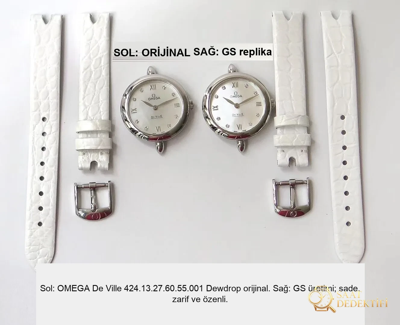 Gerçek-replika karşılaştırması: GS Factory Omega De Ville serisi 424.13.27.60.55.001 replika kadın kol saati 27.4 mm İsviçre menşeli kuvars - Arka Kapak ve Mekanizma Detayı
