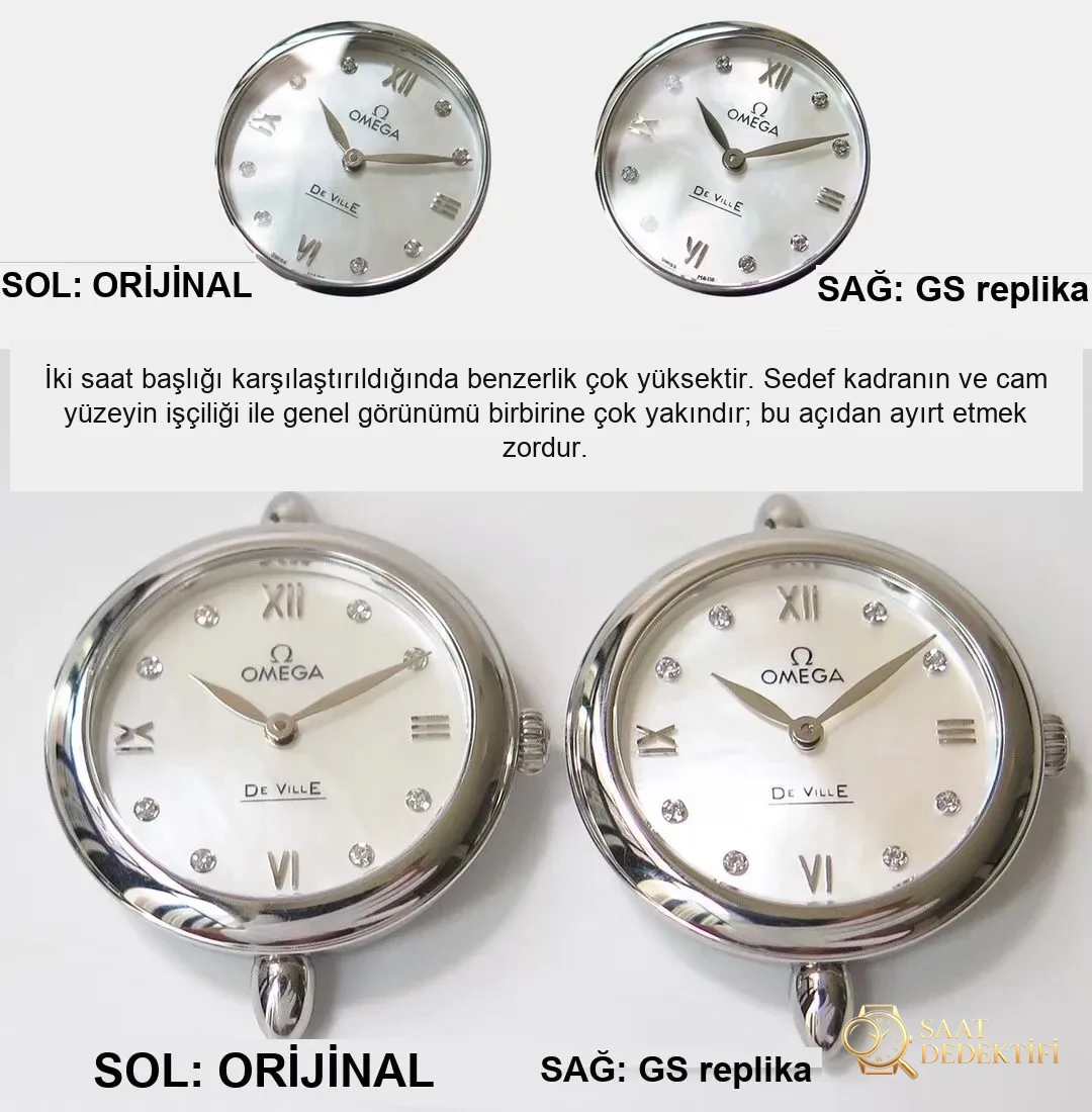 Gerçek-replika karşılaştırması: GS Factory Omega De Ville serisi 424.13.27.60.55.001 replika kadın kol saati 27.4 mm İsviçre menşeli kuvars - Bilezik, Toka ve Klips Mekanizması