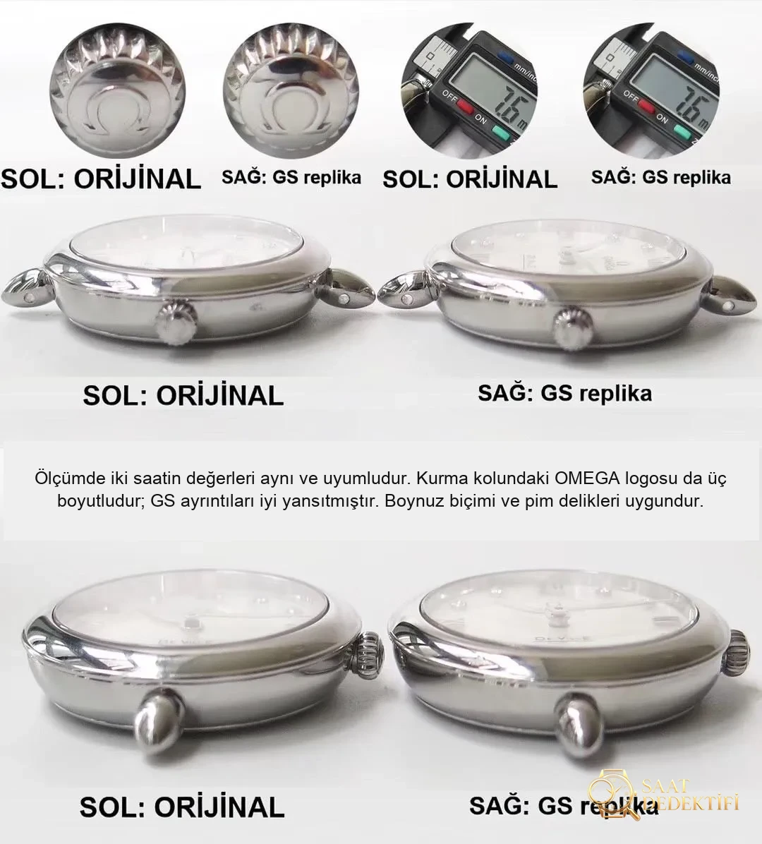 Gerçek-replika karşılaştırması: GS Factory Omega De Ville serisi 424.13.27.60.55.001 replika kadın kol saati 27.4 mm İsviçre menşeli kuvars - Makro Kadran ve İndeks İşçiliği