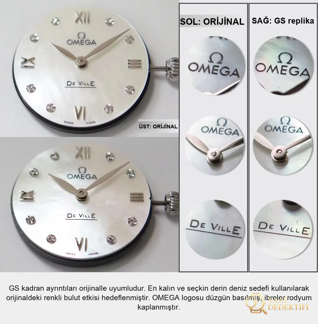 Gerçek-replika karşılaştırması: GS Factory Omega De Ville serisi 424.13.27.60.55.001 replika kadın kol saati 27.4 mm İsviçre menşeli kuvars - Klips Kilidi ve Lazer Damgalar