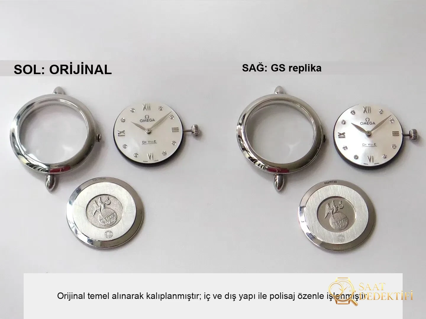 Gerçek-replika karşılaştırması: GS Factory Omega De Ville serisi 424.13.27.60.55.001 replika kadın kol saati 27.4 mm İsviçre menşeli kuvars - Bilekte Duruş ve Kasa Orantısı