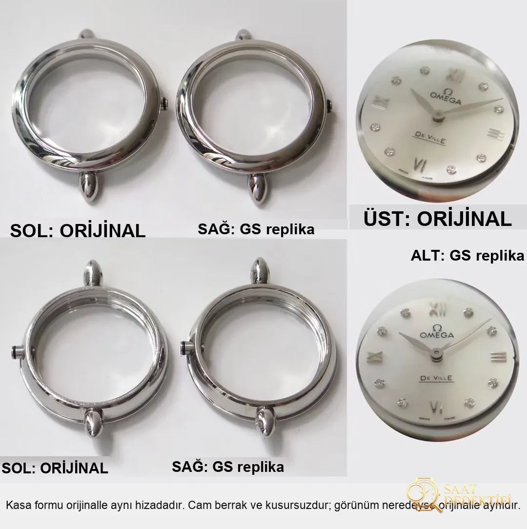 Gerçek-replika karşılaştırması: GS Factory Omega De Ville serisi 424.13.27.60.55.001 replika kadın kol saati 27.4 mm İsviçre menşeli kuvars - Fosfor ve Super-LumiNova Gece Görünümü