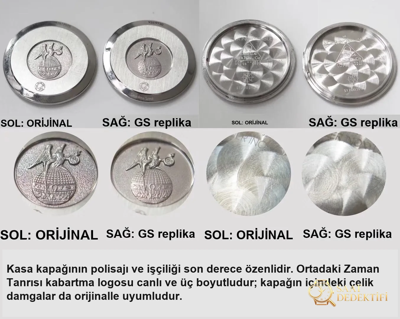 Gerçek-replika karşılaştırması: GS Factory Omega De Ville serisi 424.13.27.60.55.001 replika kadın kol saati 27.4 mm İsviçre menşeli kuvars - Mekanizma Zemberek ve Balans Detayı