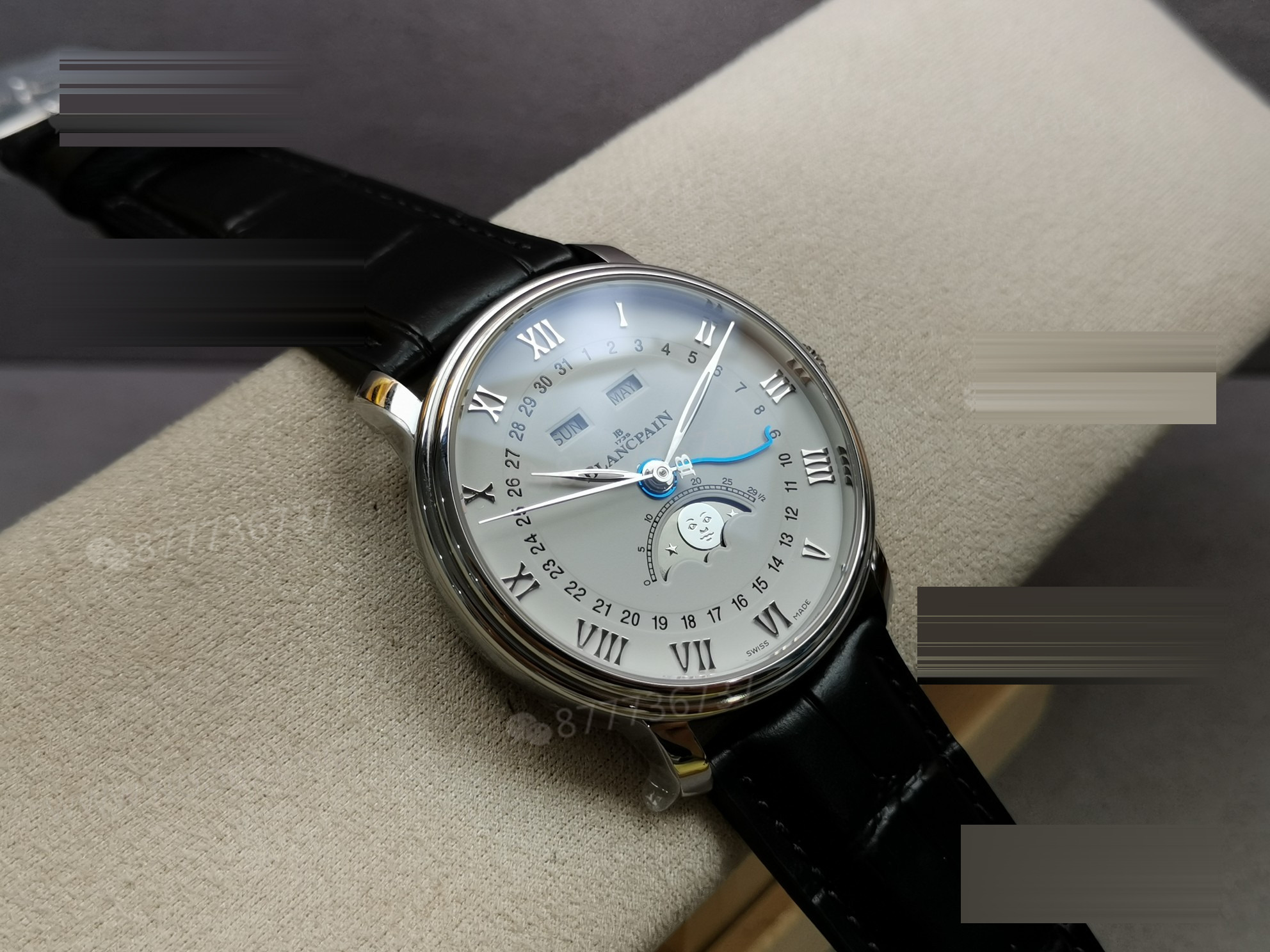 Gerçek-replika karşılaştırması: OM Factory V3 versiyonu Blancpain 6654 tam takvim ay evreli replika saat — 4. fotoğraf