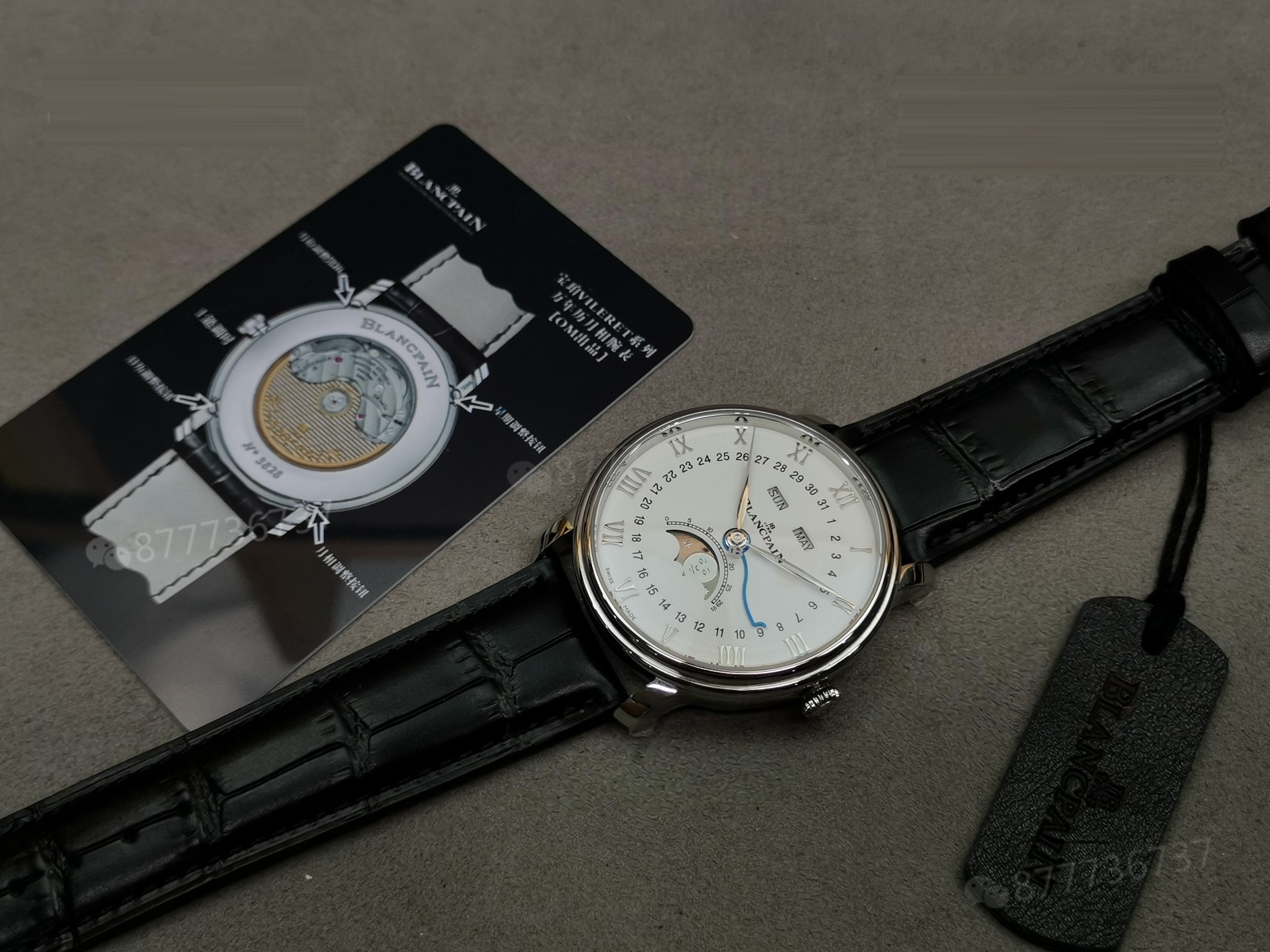 Gerçek-replika karşılaştırması: OM Factory V3 versiyonu Blancpain 6654 tam takvim ay evreli replika saat — 5. fotoğraf