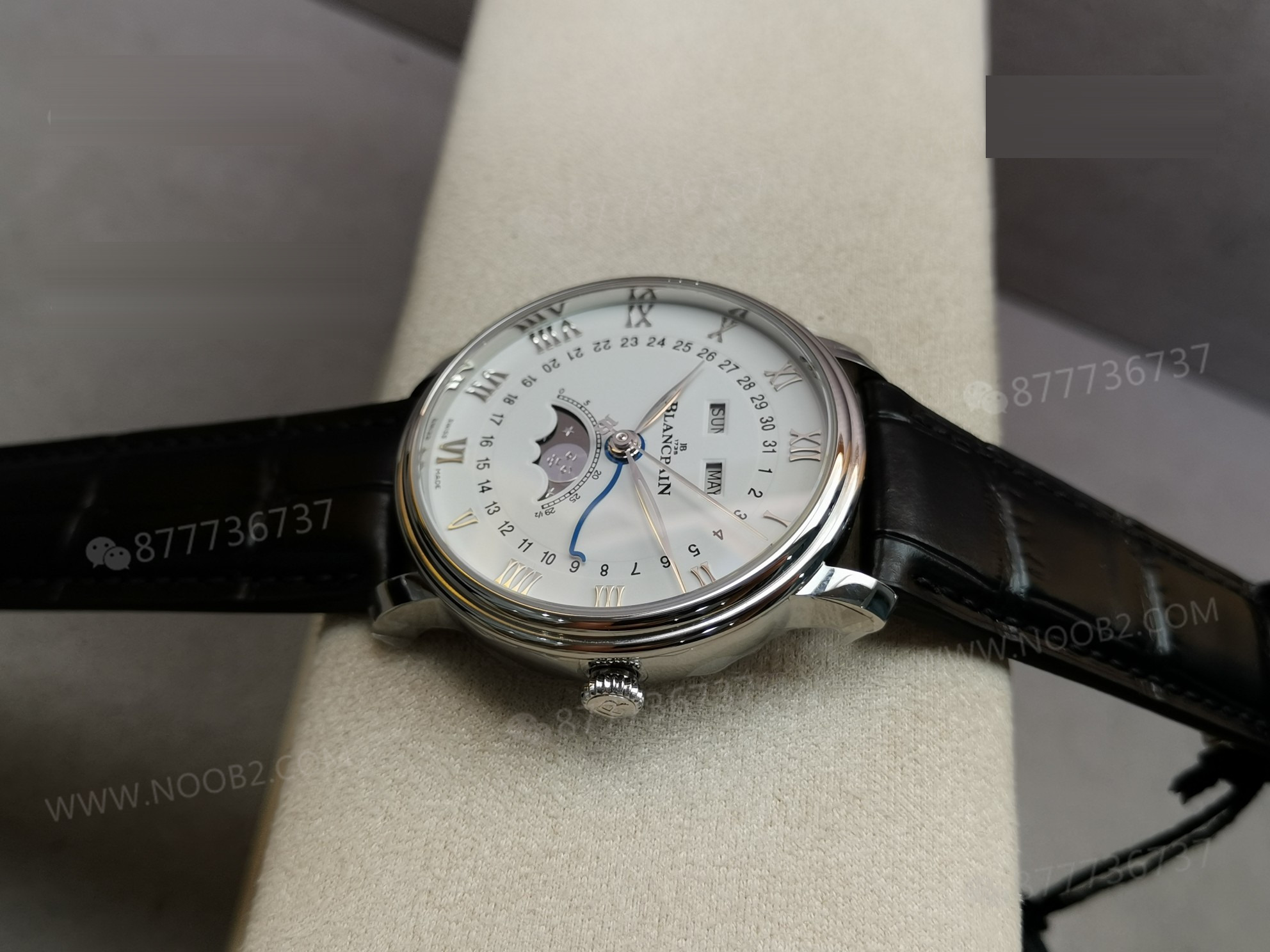 Gerçek-replika karşılaştırması: OM Factory V3 versiyonu Blancpain 6654 tam takvim ay evreli replika saat — 6. fotoğraf
