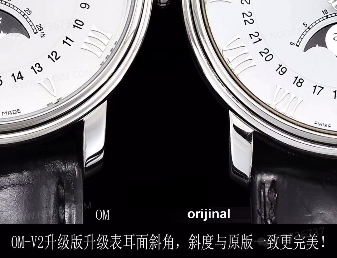 Gerçek-replika karşılaştırması: OM Factory V3 versiyonu Blancpain 6654 tam takvim ay evreli replika saat — 13. fotoğraf