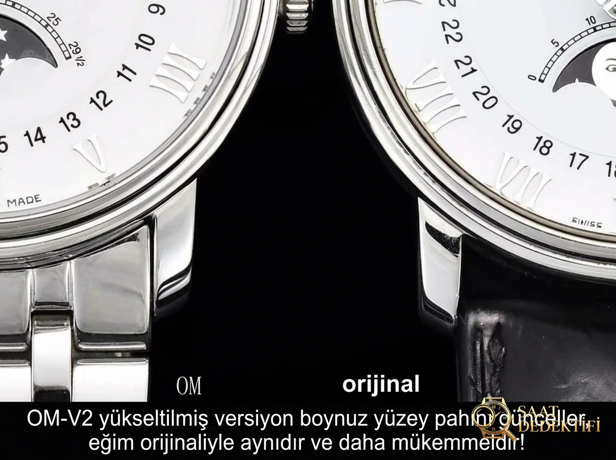 Gerçek-replika karşılaştırması: OM Factory V3 versiyonu Blancpain 6654 tam takvim ay evreli replika saat - Kasa Çeliği ve Polisaj Kalitesi