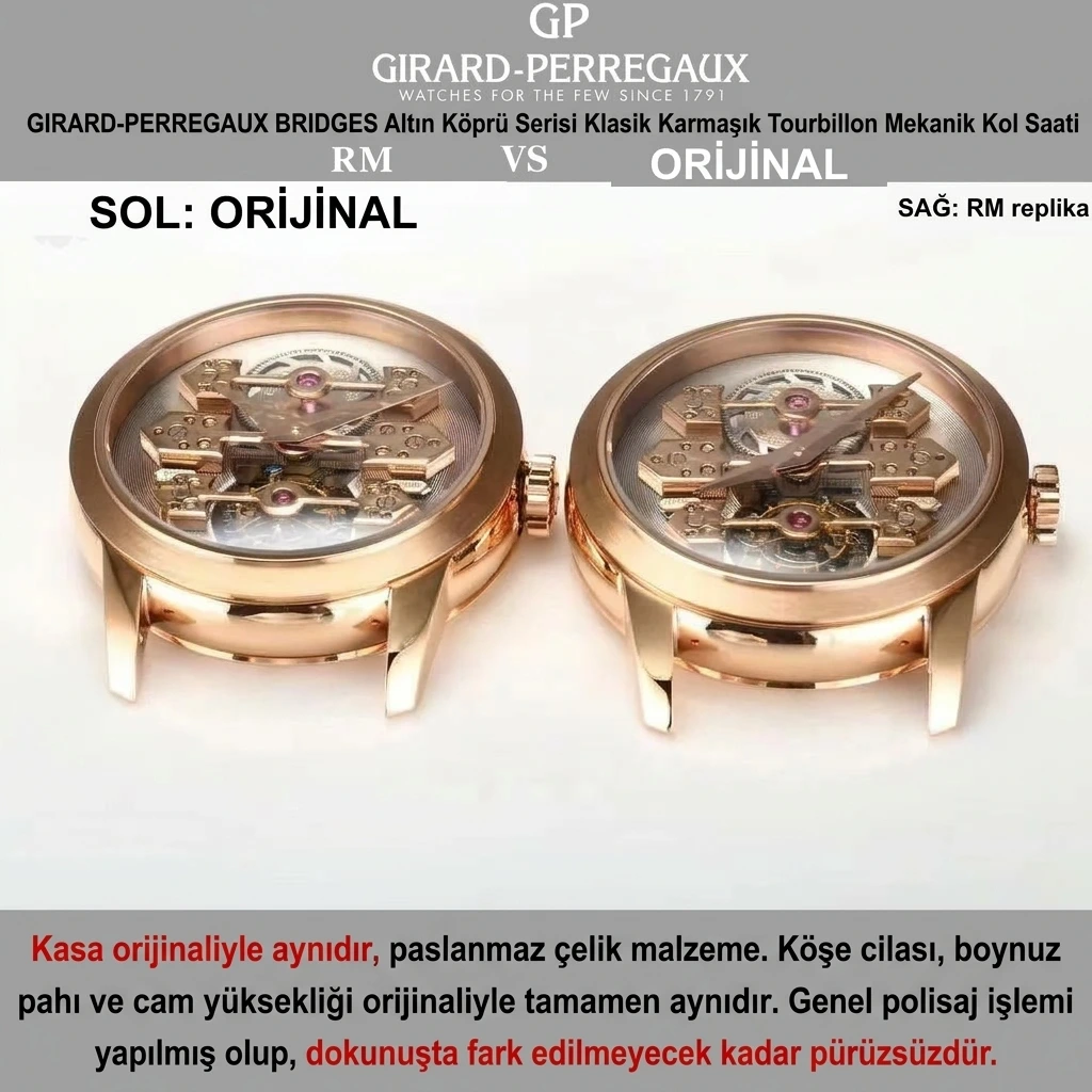 Gerçek-replika karşılaştırması: RM Factory Girard-Perregaux Bridges 99193 tourbillon replika saat incelemesi - Kadran Detayı ve Bezel İşçiliği