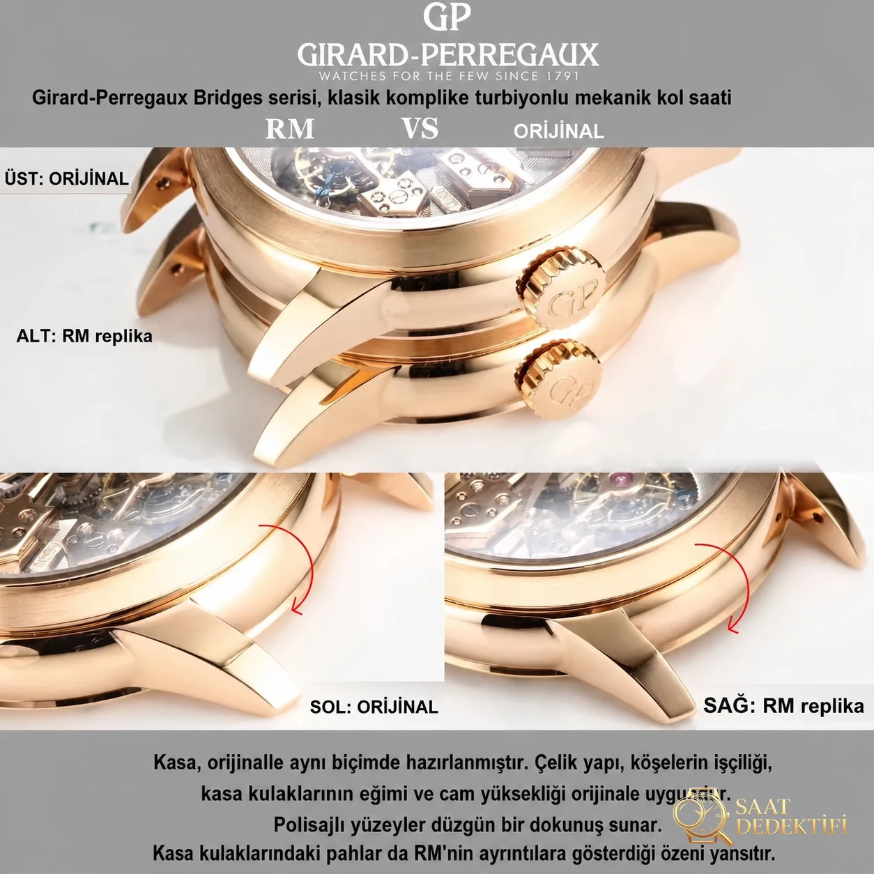 Gerçek-replika karşılaştırması: RM Factory Girard-Perregaux Bridges 99193 tourbillon replika saat incelemesi - Klips Kilidi ve Lazer Damgalar