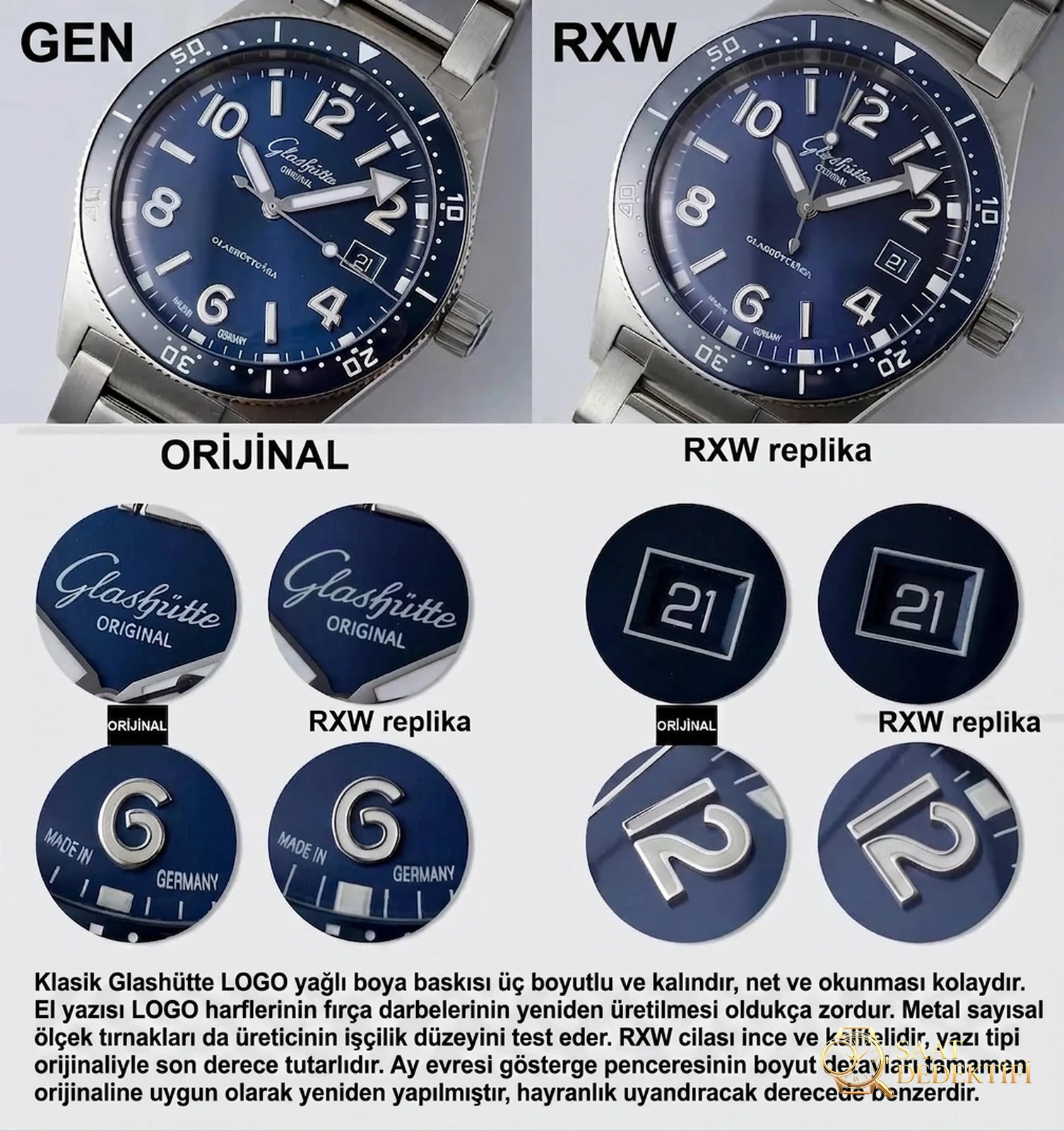 Gerçek-replika karşılaştırması: RXW Factory Glashütte Original açılım serisi, İsviçre SW200 mekanizmalı - Kadran Detayı ve Bezel İşçiliği