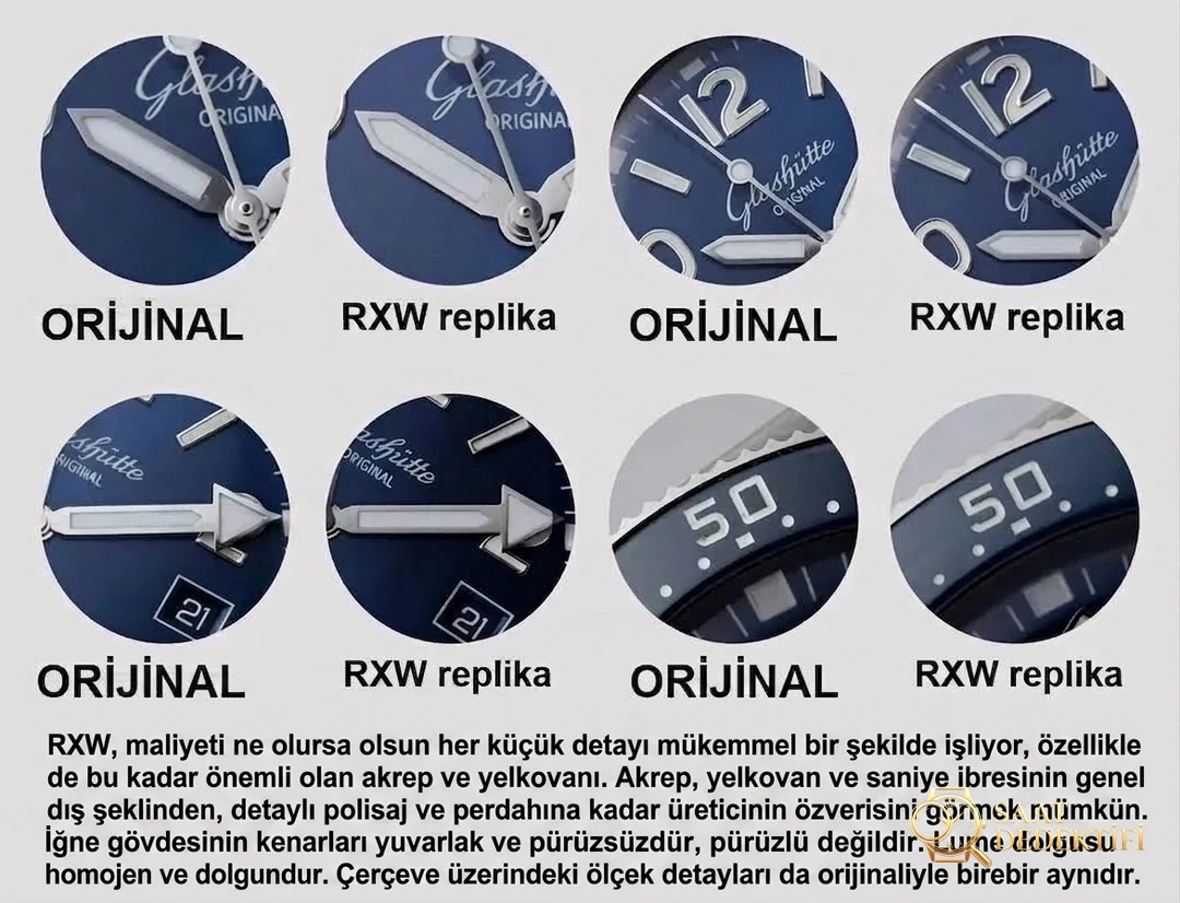 Gerçek-replika karşılaştırması: RXW Factory Glashütte Original açılım serisi, İsviçre SW200 mekanizmalı - Klips Kilidi ve Lazer Damgalar
