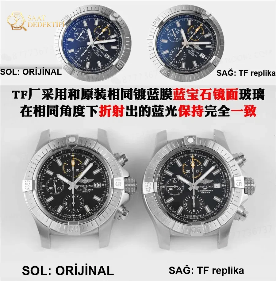 Gerçek-replika karşılaştırması: TF Factory Breitling Avenger Chronograph Night Mission serisi - Kadran Detayı ve Bezel İşçiliği
