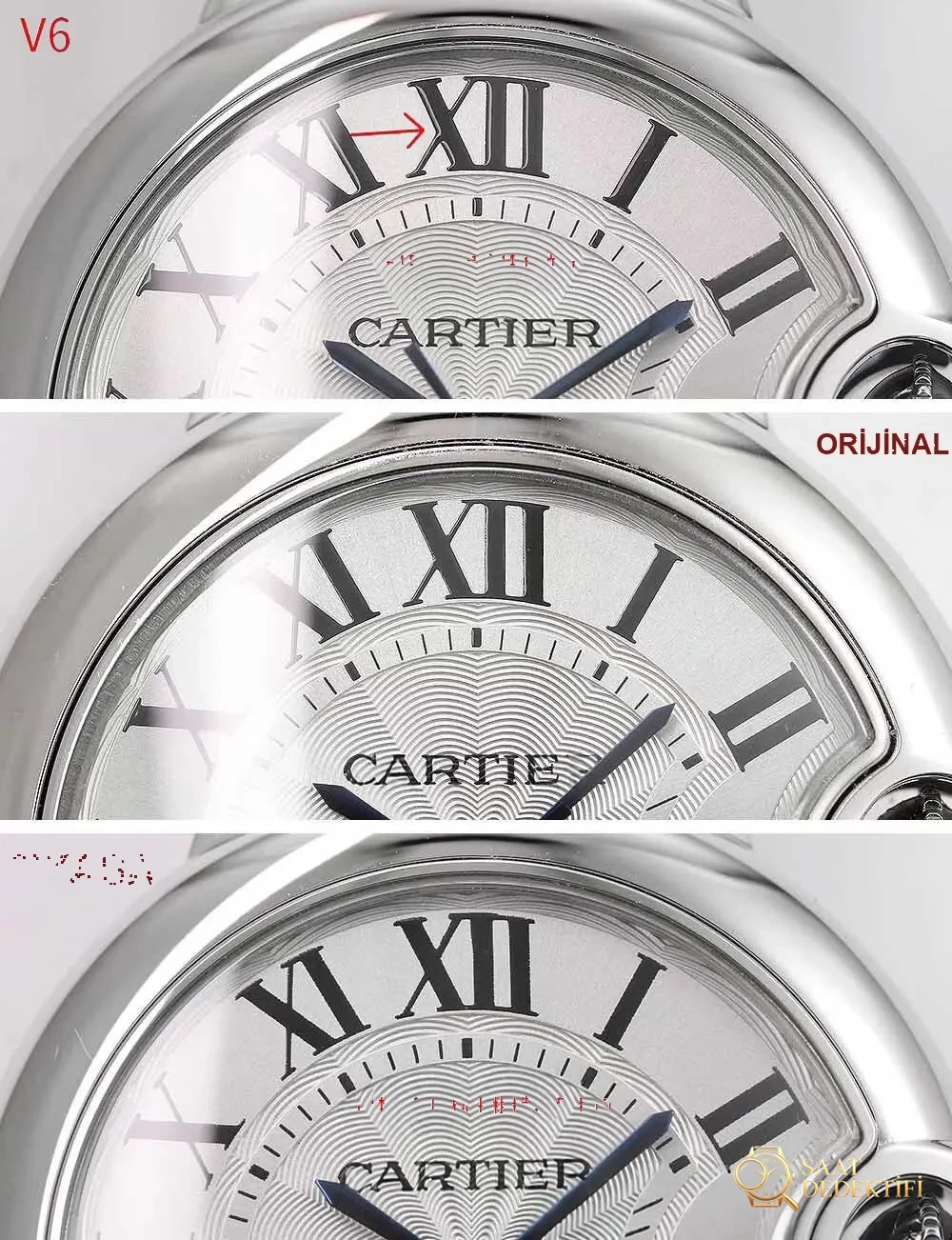 Réel ou réplique : V6 Factory Cartier Ballon Bleu 33 mm — version originale par rapport à la version du marché, laquelle peut être identifiée comme une contrefaçon en un coup d'œil ? - Détail du cadran et finition de la lunette