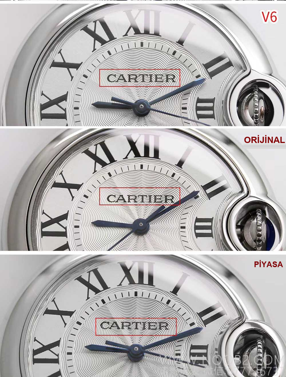 Gerçek-replika karşılaştırması: V6 Factory Cartier Ballon Bleu 33 mm — orijinal ile piyasa versiyonu karşıya, hangisi bir bakışta sahte belli oluyor? — 3. fotoğraf