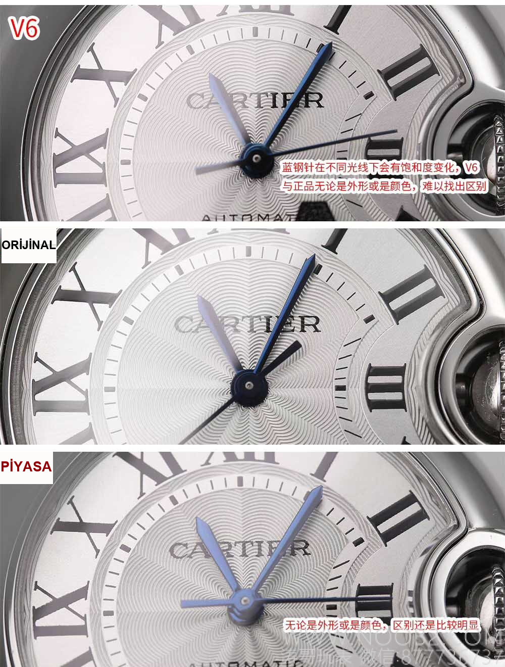 Gerçek-replika karşılaştırması: V6 Factory Cartier Ballon Bleu 33 mm — orijinal ile piyasa versiyonu karşıya, hangisi bir bakışta sahte belli oluyor? — 6. fotoğraf