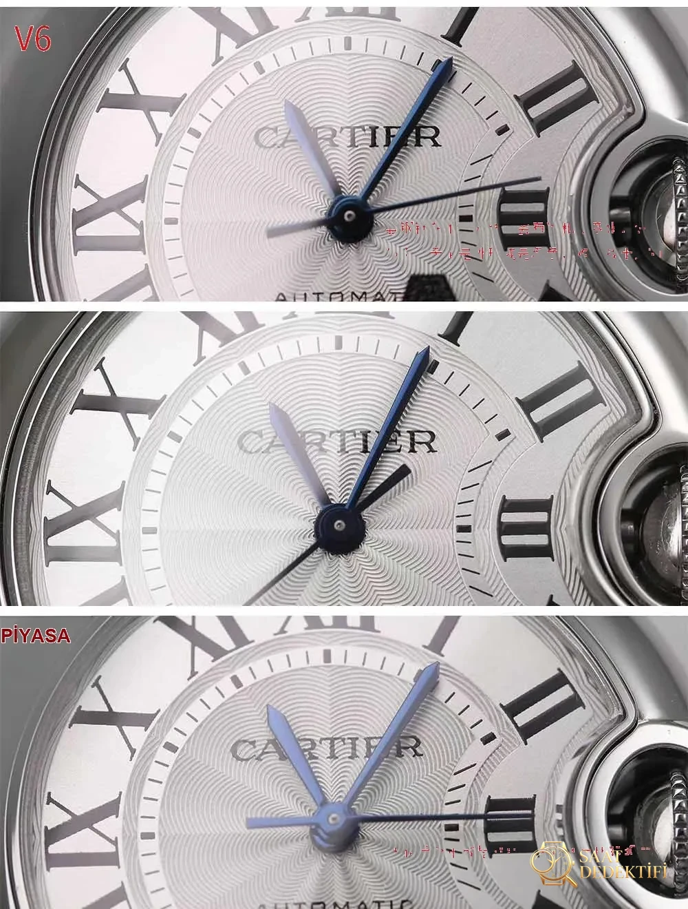 Réel ou réplique : V6 Factory Cartier Ballon Bleu 33 mm — version originale par rapport à la version du marché, laquelle peut être identifiée comme une contrefaçon en un coup d'œil ? - Cadran macro et fabrication d'index