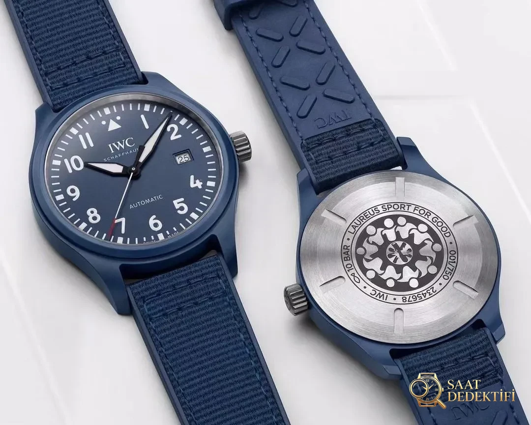 Gerçek-replika karşılaştırması: V7 Factory IWC Mark XVIII sisli mavi seramik IW328101 Laureus - Kadran Detayı ve Bezel İşçiliği