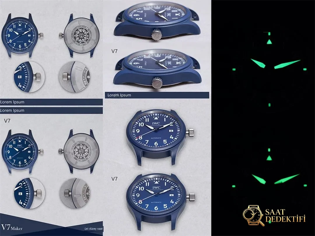 Gerçek-replika karşılaştırması: V7 Factory IWC Mark XVIII sisli mavi seramik IW328101 Laureus - Kasa Profili ve Kurma Kolu İncelemesi