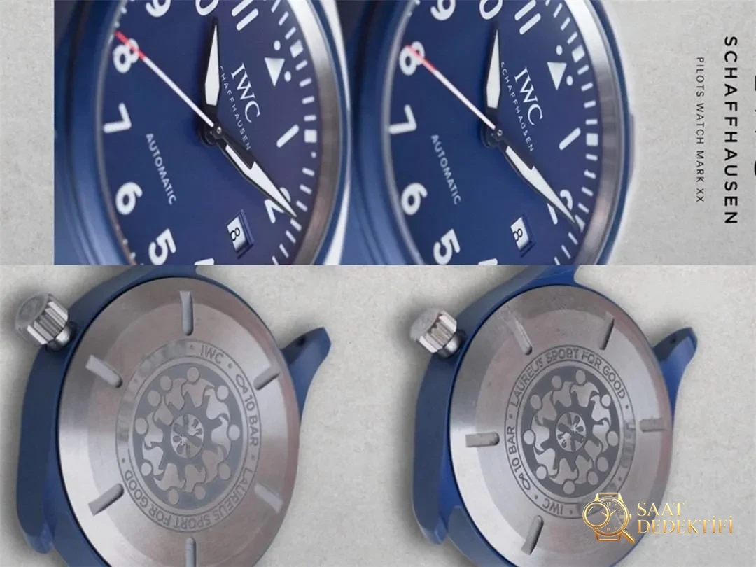 Gerçek-replika karşılaştırması: V7 Factory IWC Mark XVIII sisli mavi seramik IW328101 Laureus - Makro Kadran ve İndeks İşçiliği