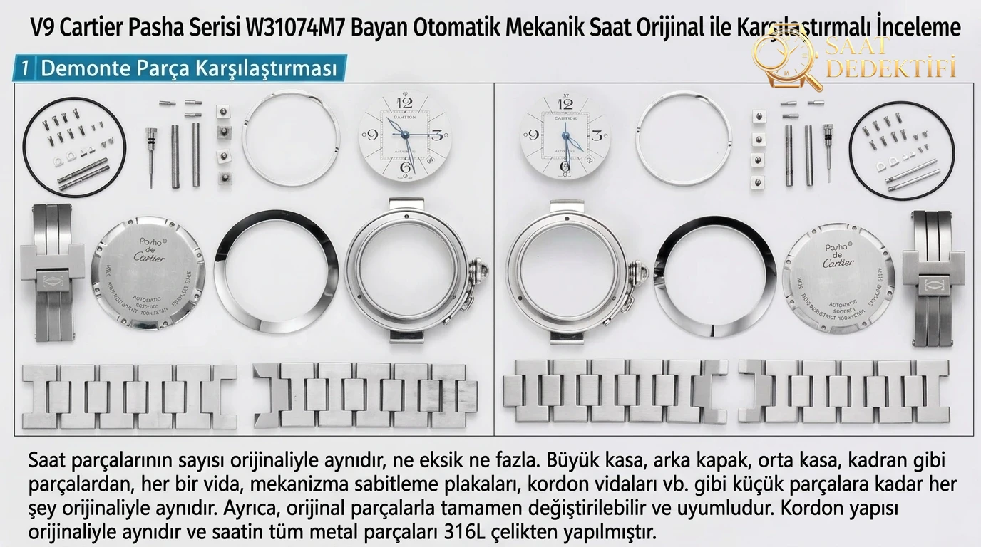 Comparación de réplicas reales: reloj de pulsera V9 Factory Cartier Pasha Series - Mecanismo de pulsera, hebilla y clip